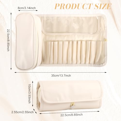 MAYCREATE® Travel Makeup Pouch Bag Organizer with 12 Sleeves, Makeup Brush Pouch, Zipper & Mesh Pouch, Waterproof Roll-Up Cosmetic Makeup Bag for Professional & Daily Use, Beige - Image 2