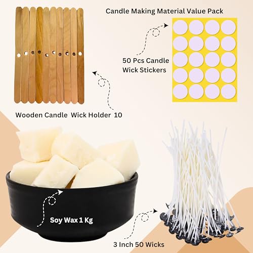 R Wellness Soy Wax Candle Making Kit | 1kg Natural Soy Wax, 50 Pcs 3-Inch Wicks, Wick Stickers & 10 Wooden Holders (DIY Candle Supplies) - Image 2