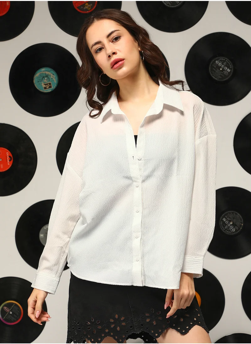 Campus Sutra Women's Daisy White Wrinkled Oversized Shirt