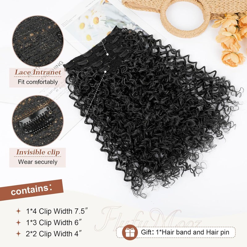 Flufymooz Clip in Hair Extensions, 4PC 100％ Pure Protein Silk Hair Extensions Long Soft Natural Hairpiece 20 Inch Curly Hair Extension for Women-Black with Little Silver - Image 4