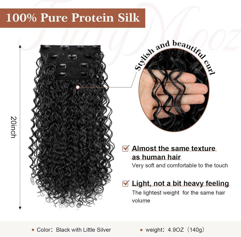 Flufymooz Clip in Hair Extensions, 4PC 100％ Pure Protein Silk Hair Extensions Long Soft Natural Hairpiece 20 Inch Curly Hair Extension for Women-Black with Little Silver - Image 2