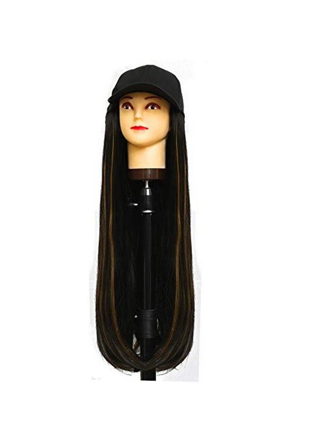 Paradise ® Synthetic Hair Hat 26" Long Straight Hair piece Adjustable Baseball Cap Attached ; Women Wigs l Hair Full Head 26inch (Black + Golden Highlights) (Free Carry Pouch)  - Image 1