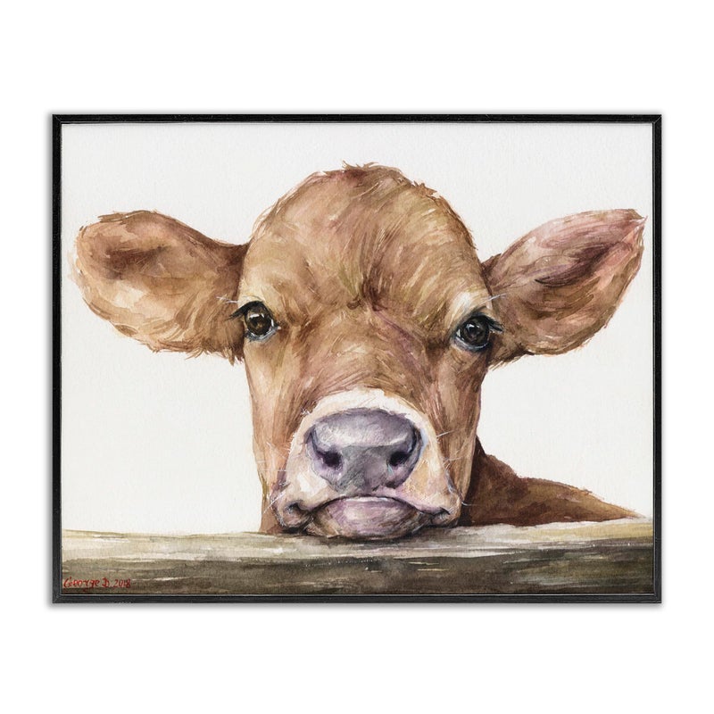 Stupell Industries Stupell Industries Cute Baby Cow Animal Watercolor Painting Framed Giclee Art Design By Artist George Dyachenko 16 x 20 Black Framed 