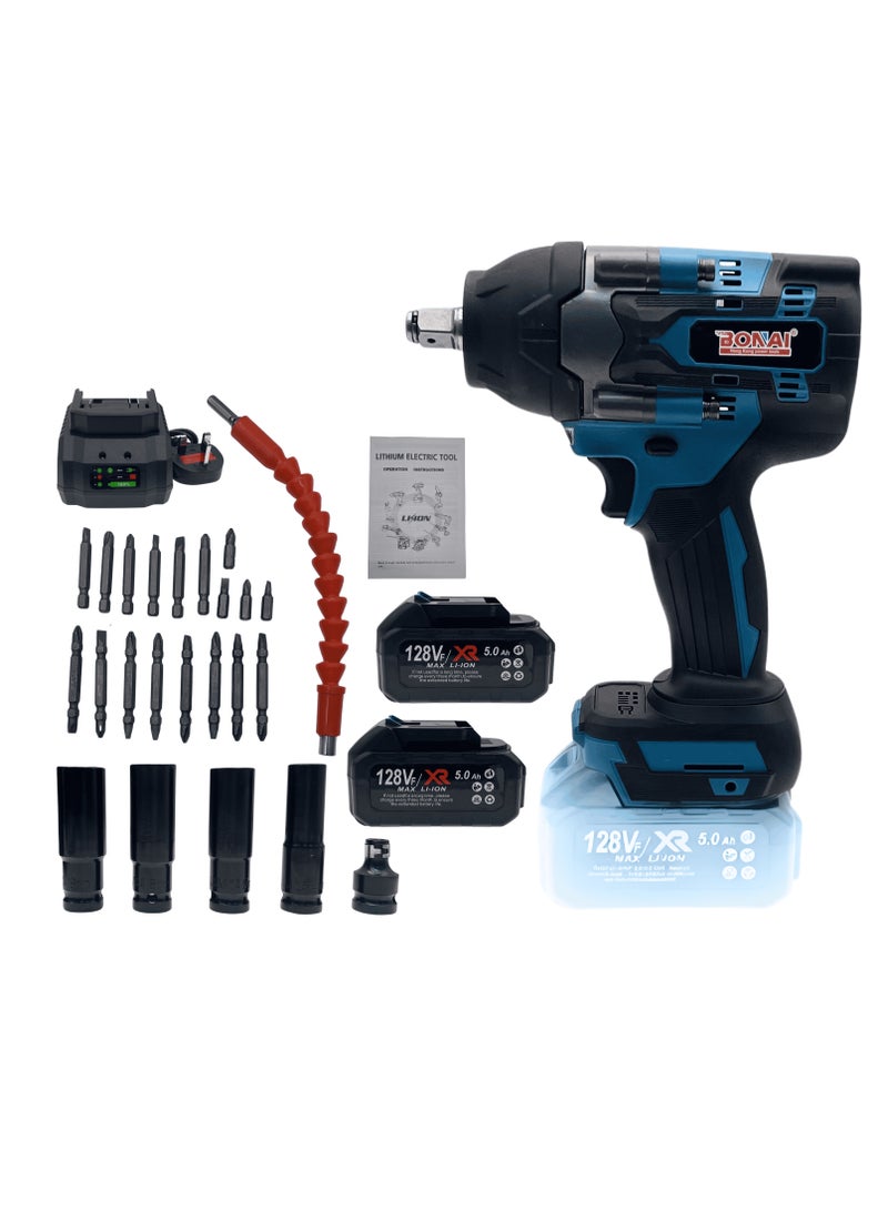 BONAI 128VF Brushless Cordless Impact Wrench, 600N.m High Torque Power Tool, 5.0Ah Battery, Variable Speed 0-2500r/min, Heavy Duty Electric Wrench with Chrome Vanadium Socket Set - Image 1