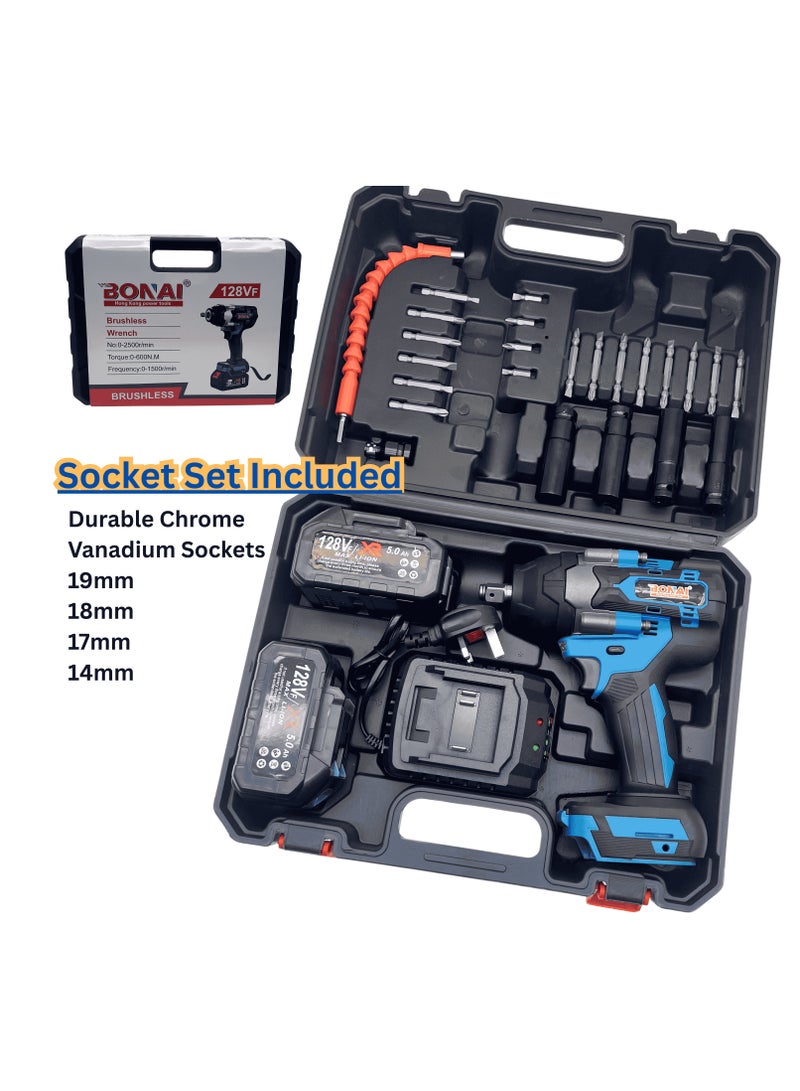BONAI 128VF Brushless Cordless Impact Wrench, 600N.m High Torque Power Tool, 5.0Ah Battery, Variable Speed 0-2500r/min, Heavy Duty Electric Wrench with Chrome Vanadium Socket Set - Image 4
