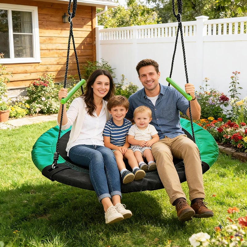 YSEJOMP Black Round Saucer Swing with Handles -Made of Sturdy Frame,PP Mat,Adjustable Multi-Strand Ropes,Safe and Durable for Yard Garden Playground Park (Black and Dark Green, 48 inches) - Image 1
