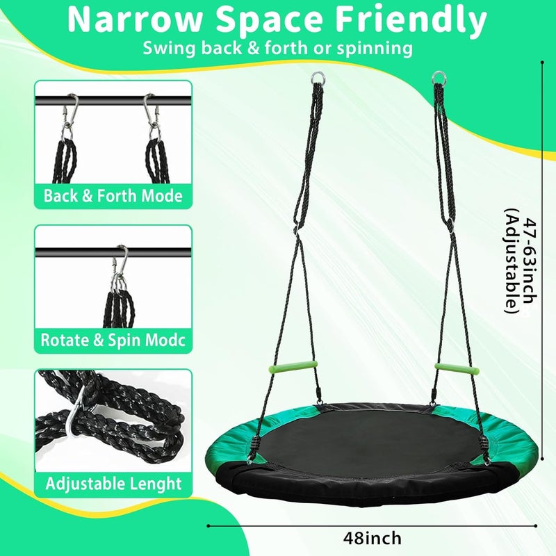 YSEJOMP Black Round Saucer Swing with Handles -Made of Sturdy Frame,PP Mat,Adjustable Multi-Strand Ropes,Safe and Durable for Yard Garden Playground Park (Black and Dark Green, 48 inches) - Image 2
