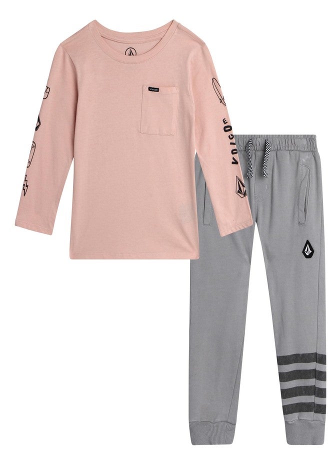 Volcom Baby Boys Pants Set - 2 Piece Long Sleeve Jersey Shirt and French Terry Joggers Playwear for Infant/Little Boy (12M-7), Size 4, Faded Pink - Image 1