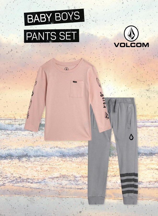Volcom Baby Boys Pants Set - 2 Piece Long Sleeve Jersey Shirt and French Terry Joggers Playwear for Infant/Little Boy (12M-7), Size 4, Faded Pink - Image 2