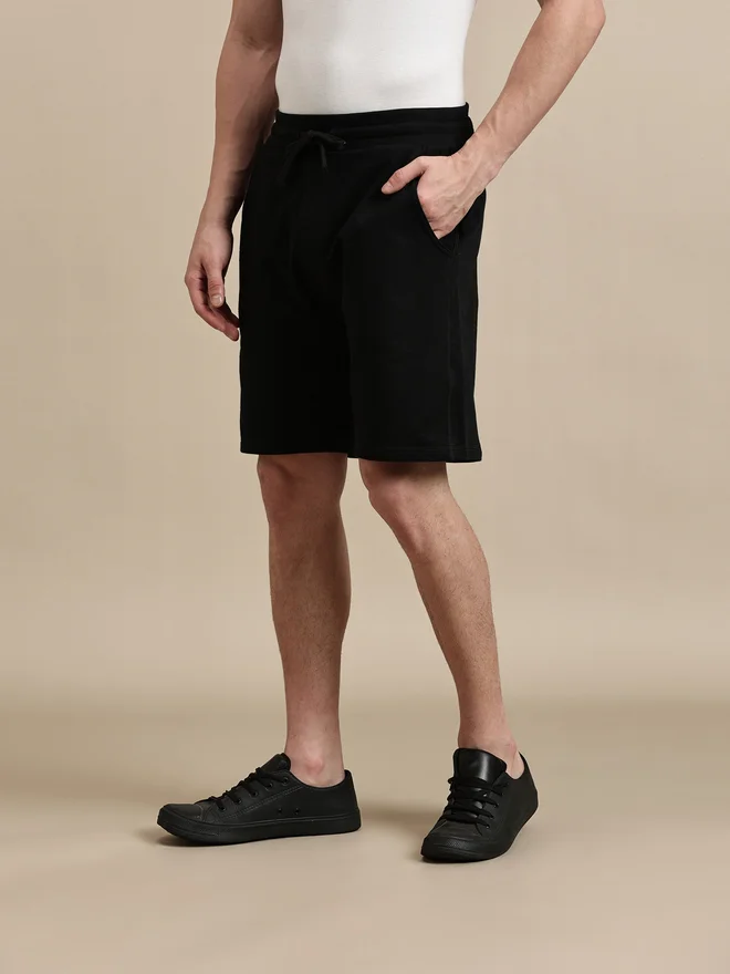 ECOLORE Men Black Plain Cotton Shorts with Drawstring