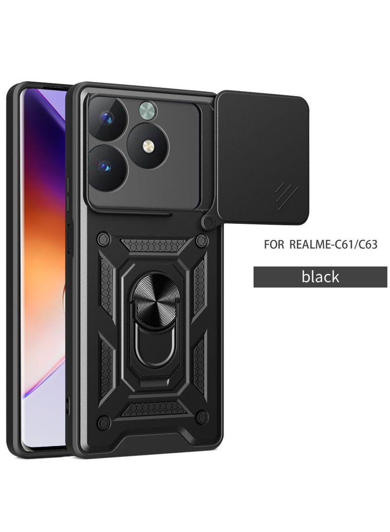 Case Cover for realme C61 4G/ C63 4G, Slide Camera Lens Cover + 360°Rotating Kickstand Ring + Support Magnetic Car Mount Shockproof Mobile Phone Cover for realme C61 4G/ C63 4G, Black - Image 1