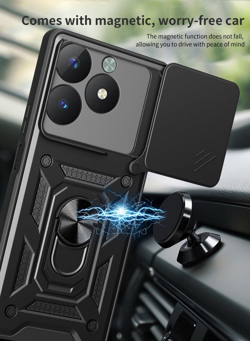 Case Cover for realme C61 4G/ C63 4G, Slide Camera Lens Cover + 360°Rotating Kickstand Ring + Support Magnetic Car Mount Shockproof Mobile Phone Cover for realme C61 4G/ C63 4G, Black - Image 2