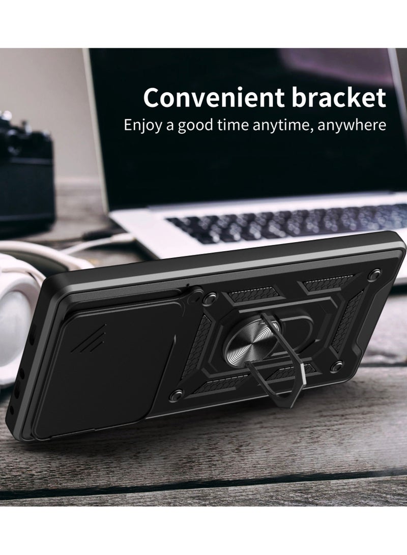 Case Cover for realme C61 4G/ C63 4G, Slide Camera Lens Cover + 360°Rotating Kickstand Ring + Support Magnetic Car Mount Shockproof Mobile Phone Cover for realme C61 4G/ C63 4G, Black - Image 4