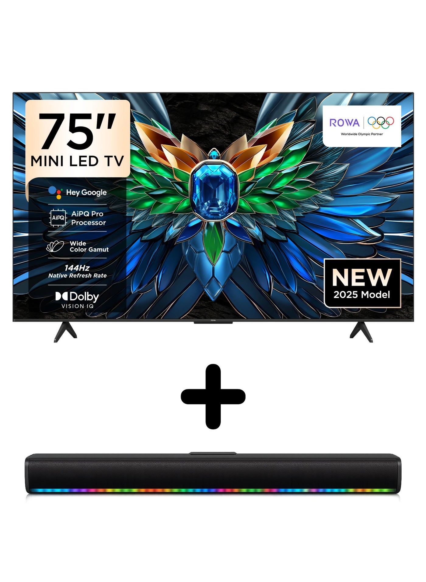 ROWA 75‑Inch R85 4K Mini LED Google Smart TV + 2.0 Channel Soundbar Home Entertainment Bundle | 75 Inch HDR TV With HDR 1000, 144 Hz, Dolby Vision IQ & Atmos (International Version) 75R85+SOUNDBAR Black