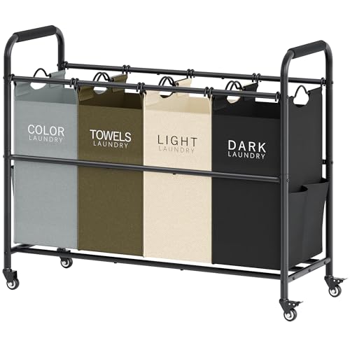 Tajsoon 4 Bag Laundry Sorter Cart 4 Section Laundry Hamper Sorter with Heavy Duty Lockable Rolling Wheels Laundry Separator Hamper with Removable Bags for Dirty Clothes Storage 4 Colors