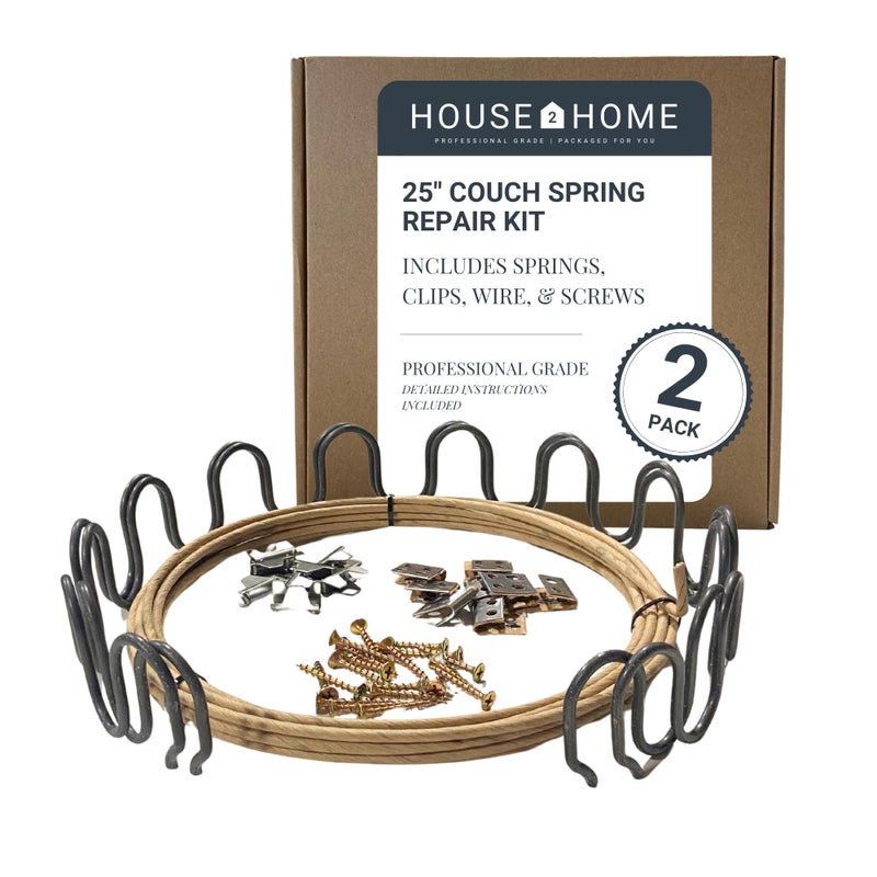 House2Home 25" Couch Spring Repair Kit to Fix Sofa Support for Sagging Cushions - Includes 2pk of Springs, Upholstery Spring Clips, Seat Spring Stay Wire, Screws, and Installation Instructions