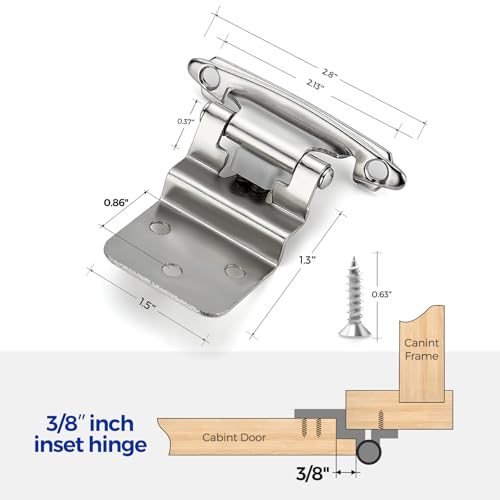 Ravinte 60 Packs (30 Pairs) 3/8" Inset Satin Nickel Cabinet Hinge,Self Closing Hinges for Kitchen/Bathroom/Furniture Cabinets & Doors,Decorative Cabinet Hardware Kitchen Cabinet Hinge with Door Bumper - Image 3