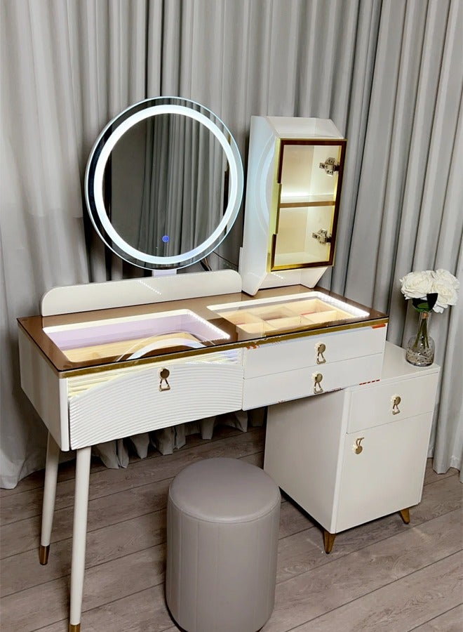 شي ون طاولة تسريح بإضاءة LED ومقصورات تخزين مبتكرة مع كرسي مريح - Image 1