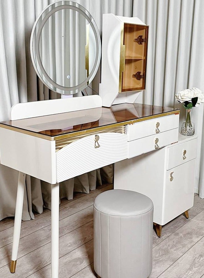 شي ون طاولة تسريح بإضاءة LED ومقصورات تخزين مبتكرة مع كرسي مريح - Image 2