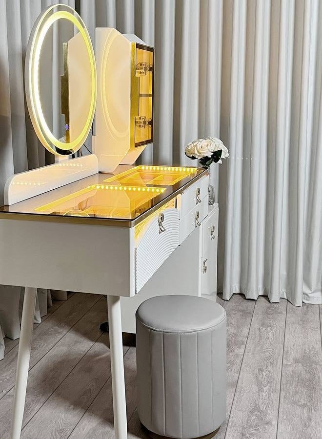 شي ون طاولة تسريح بإضاءة LED ومقصورات تخزين مبتكرة مع كرسي مريح - Image 3