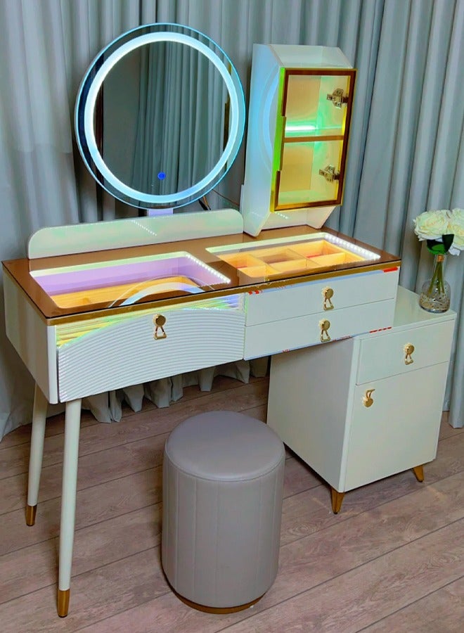 شي ون طاولة تسريح بإضاءة LED ومقصورات تخزين مبتكرة مع كرسي مريح - Image 4