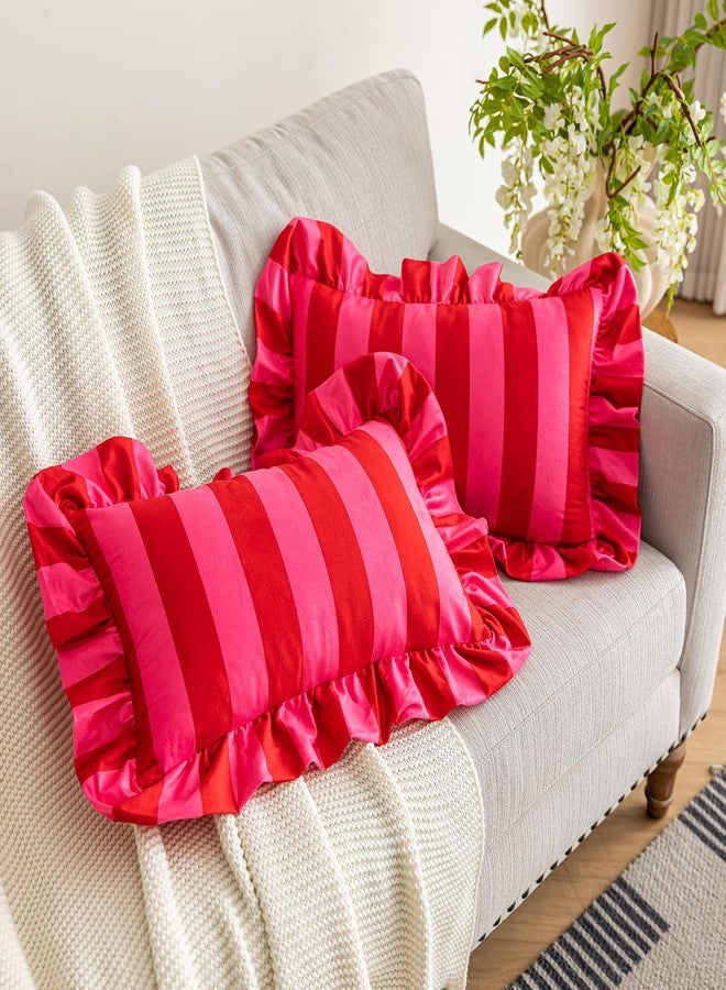 vctops أغطية وسائد قطنية مكشكشة من vctops، طقم أغطية وسائد مزخرفة مخططة باللونين الوردي والأحمر، مكون من قطعتين، أغطية وسائد مخملية ناعمة لتزيين الأريكة والسرير وغرفة المعيشة (وردي، 12 × 20 بوصة). - Image 4