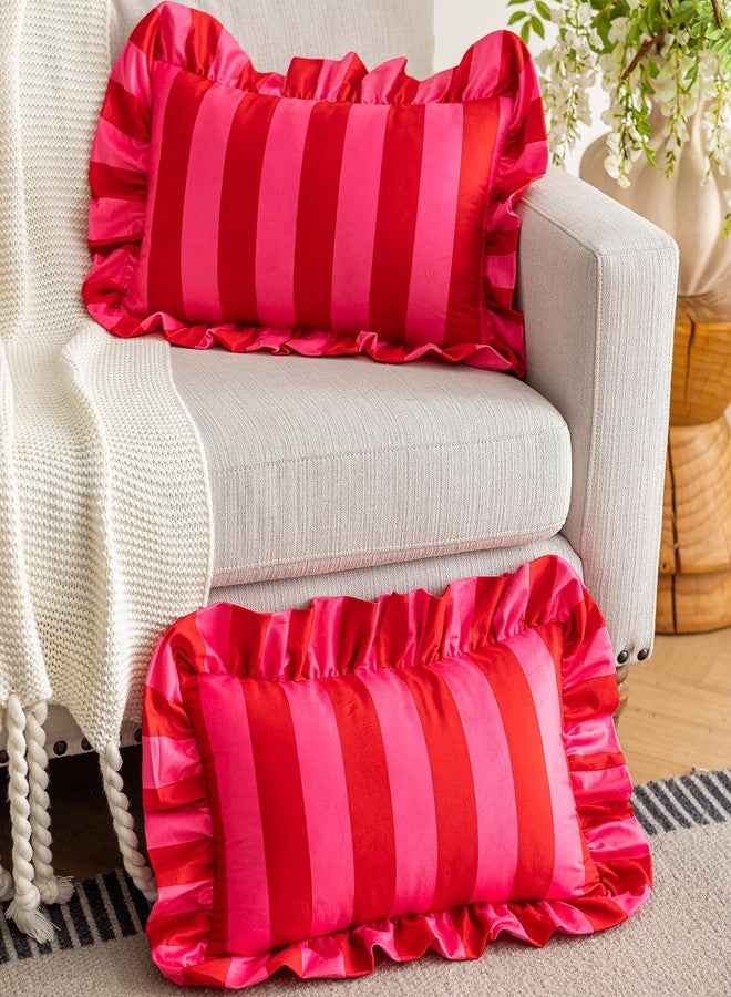 vctops أغطية وسائد قطنية مكشكشة من vctops، طقم أغطية وسائد مزخرفة مخططة باللونين الوردي والأحمر، مكون من قطعتين، أغطية وسائد مخملية ناعمة لتزيين الأريكة والسرير وغرفة المعيشة (وردي، 12 × 20 بوصة). - Image 3