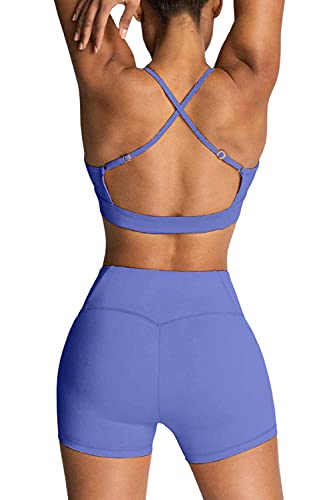 IMEKIS Workout Sets for Women 2 Piece Yoga Outfit: Tracksuits High Waisted Running Biker Shorts with Adjustable Strap Sport Bra Exercise Running Clothes Athletic Gym Sets Matching Active Wear Blue S - Image 3
