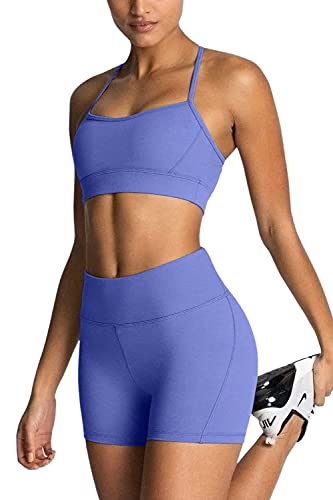 IMEKIS Workout Sets for Women 2 Piece Yoga Outfit: Tracksuits High Waisted Running Biker Shorts with Adjustable Strap Sport Bra Exercise Running Clothes Athletic Gym Sets Matching Active Wear Blue S - Image 5