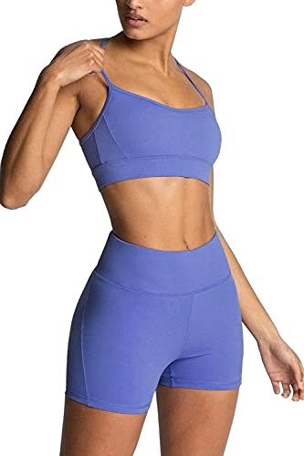 IMEKIS Workout Sets for Women 2 Piece Yoga Outfit: Tracksuits High Waisted Running Biker Shorts with Adjustable Strap Sport Bra Exercise Running Clothes Athletic Gym Sets Matching Active Wear Blue S - Image 1