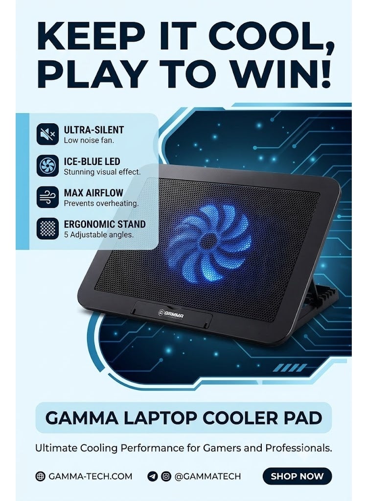 Gamma GT-89 Laptop Cooling Pad with 140mm Silent Cooling Fan, 5 Adjustable Height Stand Levels, Fan Speed Control Button, Dual USB Ports, LED Lighting, High Airflow Laptop Cooler Stand for Up to 17 Inch Gaming Notebook, Office and Heavy Use - Image 2