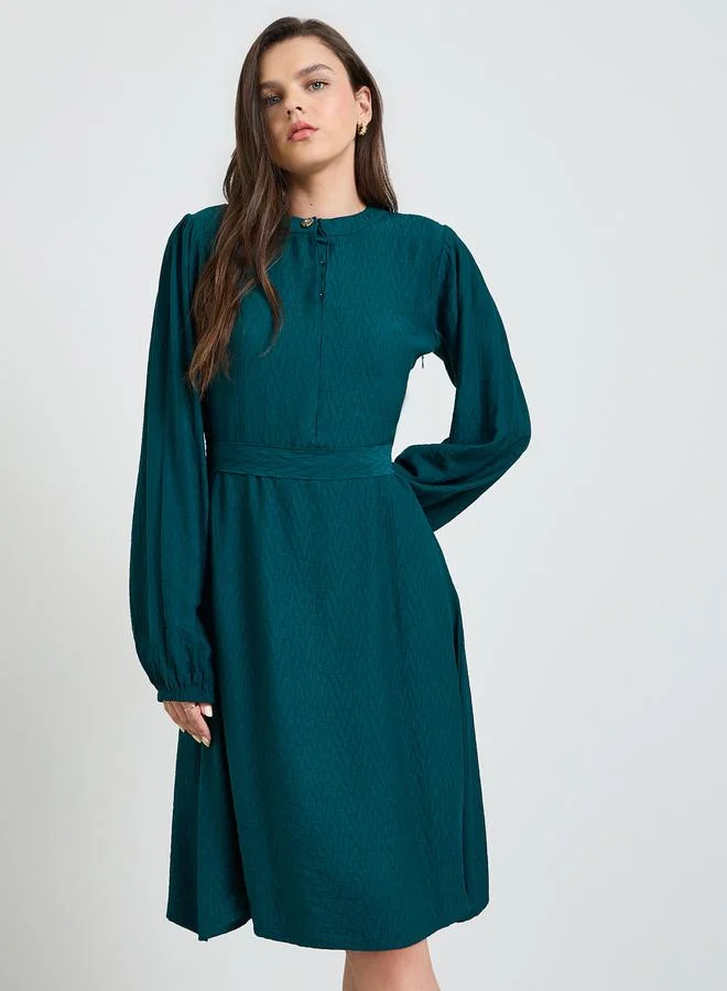 Maxim Creation Teal belted long sleeves midi dress