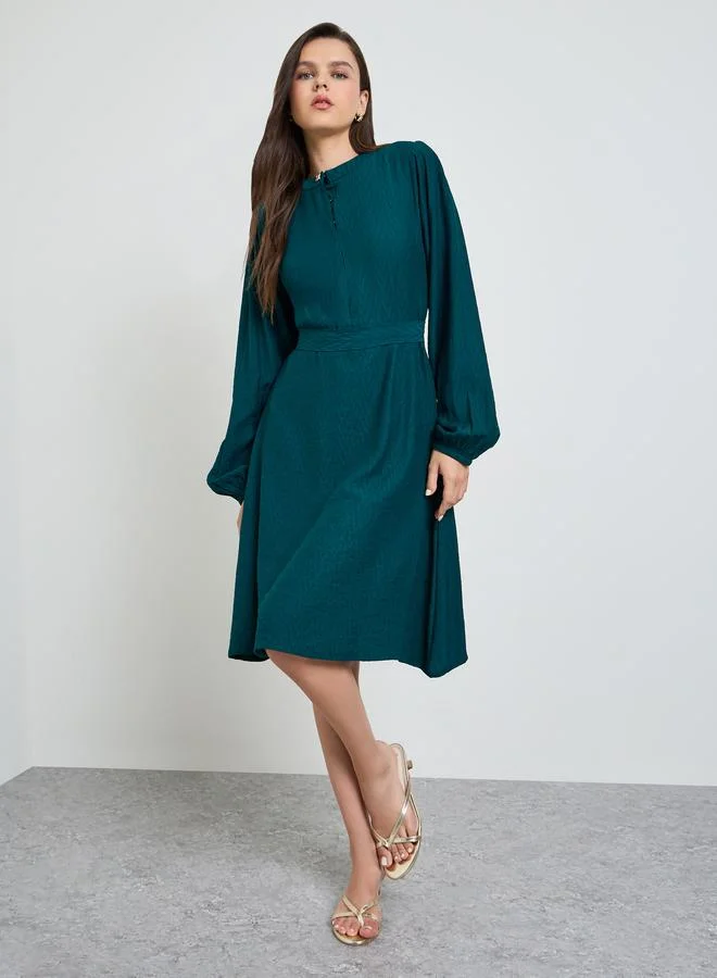 Maxim Creation Teal belted long sleeves midi dress