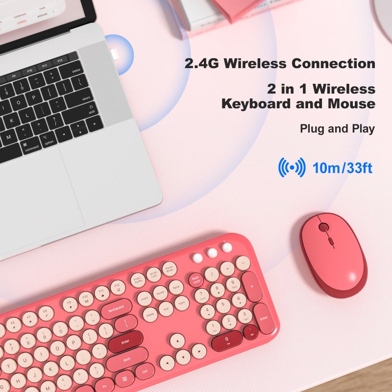KNOWSQT Wireless Keyboard and Mouse Combo - Lovely Red 2.4G Full-Sized Colorful Keyboards, Round Keycap USB Dongle Plug Play Cute Keyboards for Windows, Laptop, PC, Desktop, Mac - Image 2