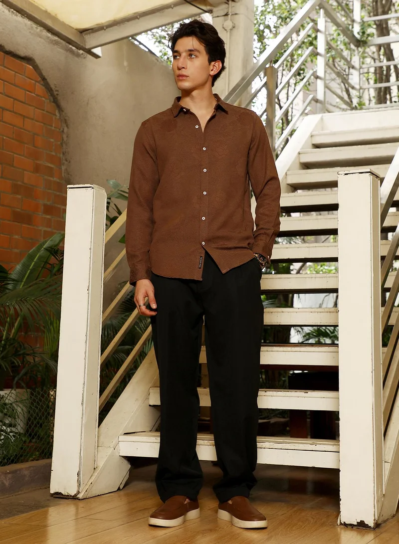 Campus Sutra Campus Sutra Men's Chocolate Brown Rosa-Jacquard Shirt | Spread Collar , Long  Cuffed Sleeves , Button Closure | Solid Jacquard | Cotton-Blend Shirt For Casual Wear