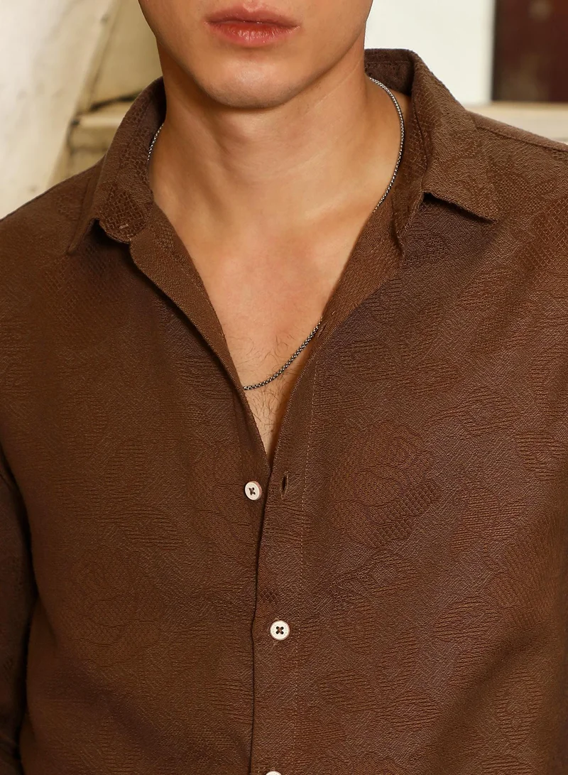 Campus Sutra Campus Sutra Men's Chocolate Brown Rosa-Jacquard Shirt | Spread Collar , Long  Cuffed Sleeves , Button Closure | Solid Jacquard | Cotton-Blend Shirt For Casual Wear