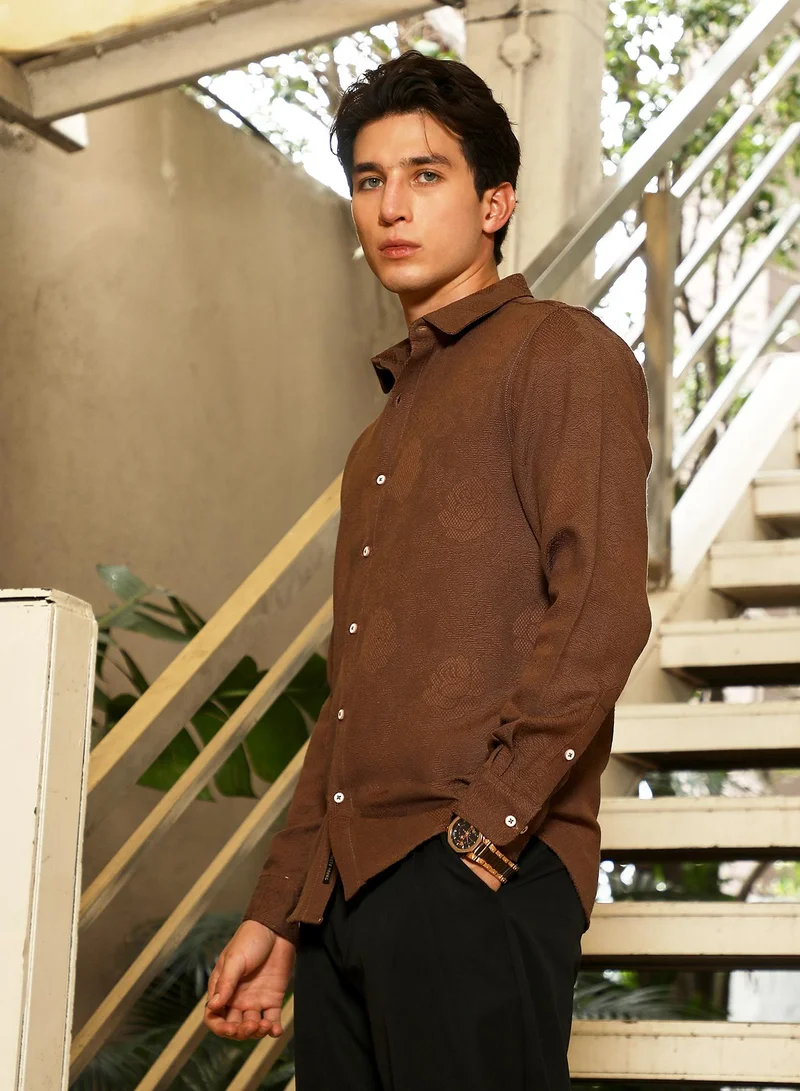 Campus Sutra Campus Sutra Men's Chocolate Brown Rosa-Jacquard Shirt | Spread Collar , Long  Cuffed Sleeves , Button Closure | Solid Jacquard | Cotton-Blend Shirt For Casual Wear