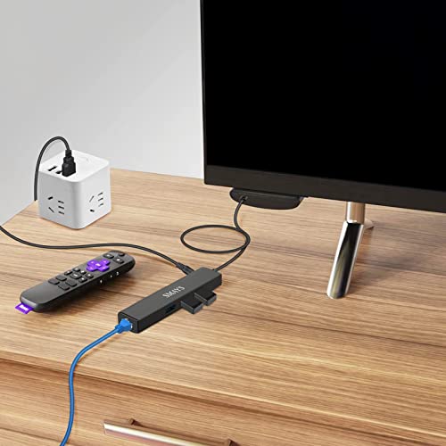 Smays OTG USB Ethernet Adapter Compatible with Roku Express 4K+ 2021 and Fire TV Stick Streaming Media Player - Micro USB to 3-Port USB Hub with LAN & Power Cable - Image 2