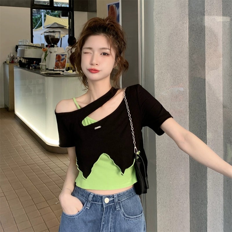 Girl Design Sense T-Shirt Women'S Two-Piece Set Contrast Color Irregular Shoulder Outer Wear Short Short-Sleeved Top - Image 2