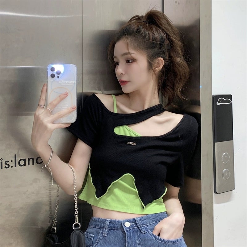 Girl Design Sense T-Shirt Women'S Two-Piece Set Contrast Color Irregular Shoulder Outer Wear Short Short-Sleeved Top - Image 1