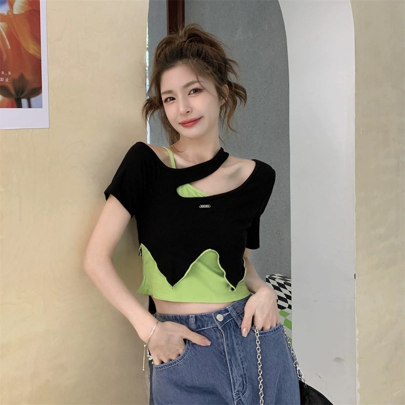 Girl Design Sense T-Shirt Women'S Two-Piece Set Contrast Color Irregular Shoulder Outer Wear Short Short-Sleeved Top - Image 4