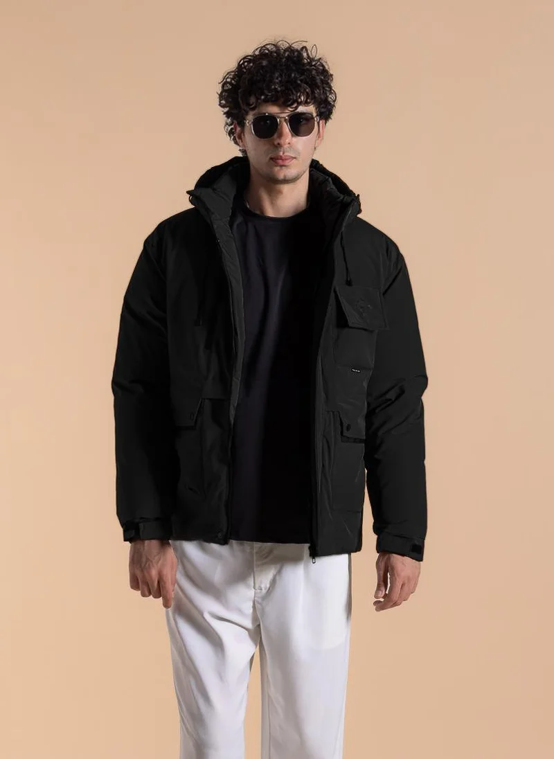 SHAPES DETAILED HOODED PUFFER JACKET