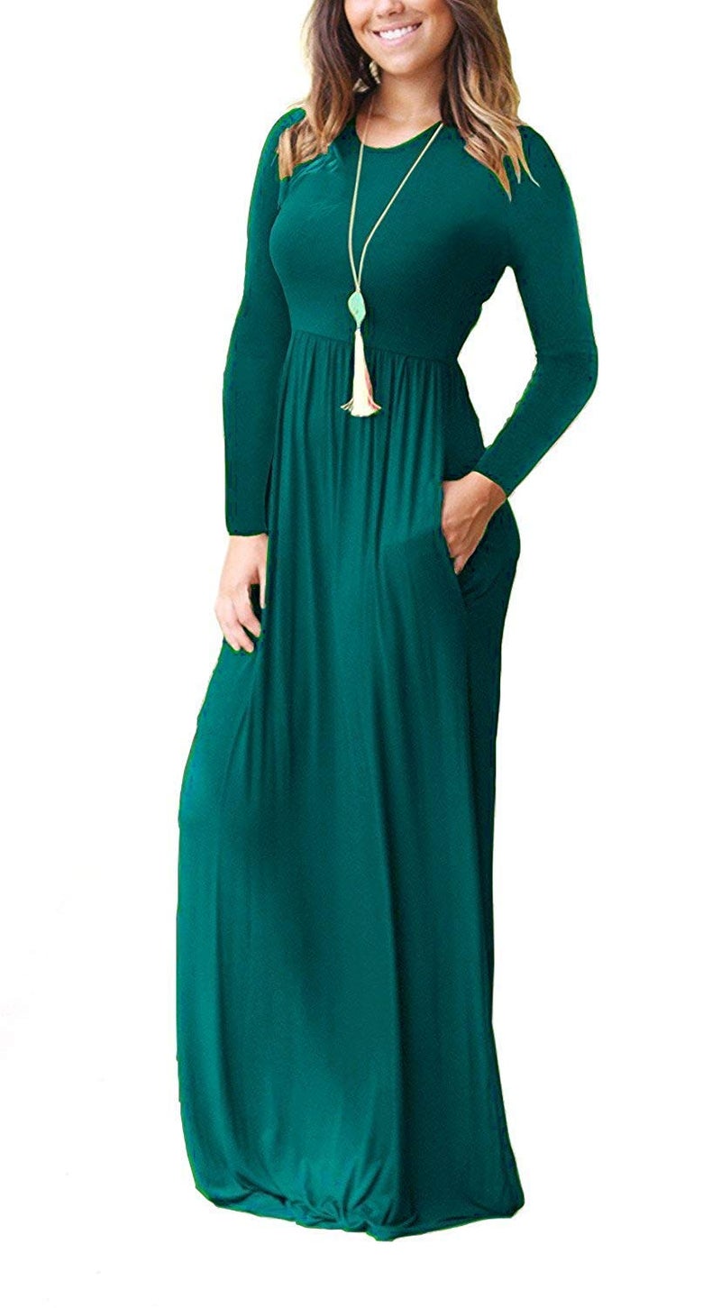 AUSELILY Women's Long Sleeve Dress Loose Plain Long Casual Maxi Dresses with Pockets 2026 New Dark Green XL - Image 2
