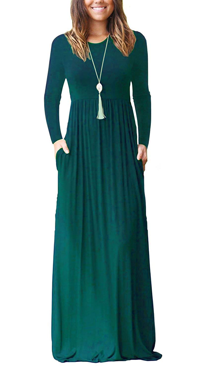 AUSELILY Women's Long Sleeve Dress Loose Plain Long Casual Maxi Dresses with Pockets 2026 New Dark Green XL - Image 1