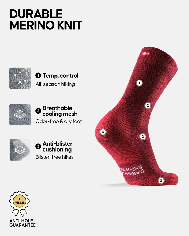 DANISH ENDURANCE Hiking Socks Women & For Men, Merino Wool Socks, Crew Mens, Womens Moisture Wicking, Work, Calcetines para Hombre, Multicolor: Brown, Red, Green, Large - Image 2