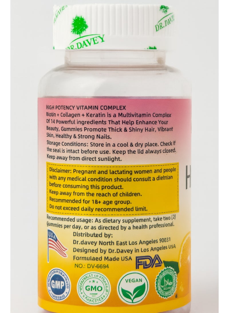 DR. DAVEY Dr. Davey Hair Skin & Nails Gummies – Collagen, Biotin & Keratin – 60 Vegan Gummies for Beauty & Growth Support - Image 2