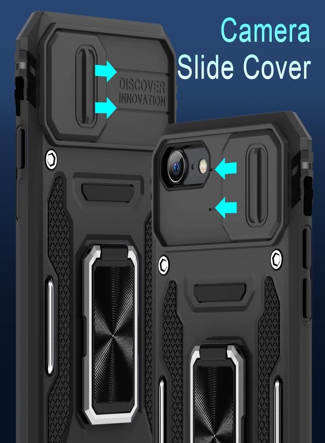 DEERLAMN جراب DEERLAMN لهاتف iPhone SE 2022/2020، ولهاتف iPhone 8/7 مع غطاء كاميرا منزلق + واقي شاشة، وحامل حلقي دوار، وغطاء واقٍ مقاوم للصدمات بمعايير عسكرية، مقاس 4.7 بوصة - أسود - Image 2