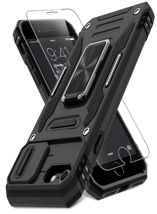 DEERLAMN جراب DEERLAMN لهاتف iPhone SE 2022/2020، ولهاتف iPhone 8/7 مع غطاء كاميرا منزلق + واقي شاشة، وحامل حلقي دوار، وغطاء واقٍ مقاوم للصدمات بمعايير عسكرية، مقاس 4.7 بوصة - أسود - Image 1