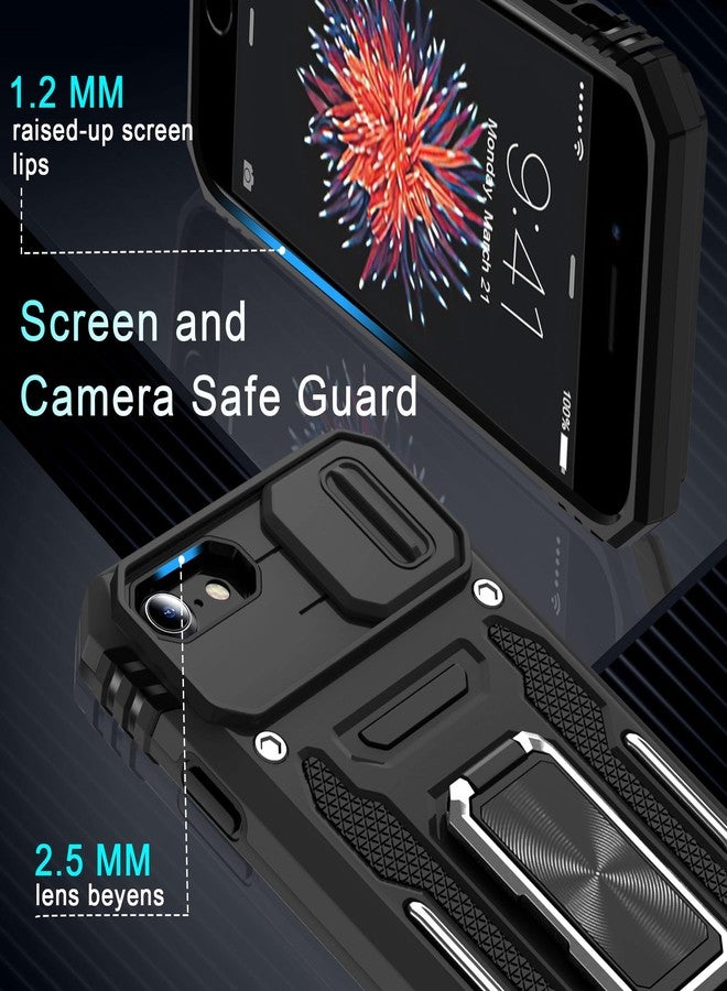 DEERLAMN جراب DEERLAMN لهاتف iPhone SE 2022/2020، ولهاتف iPhone 8/7 مع غطاء كاميرا منزلق + واقي شاشة، وحامل حلقي دوار، وغطاء واقٍ مقاوم للصدمات بمعايير عسكرية، مقاس 4.7 بوصة - أسود - Image 5