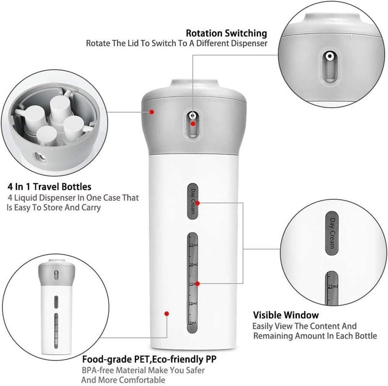 Menrexa Menrexa 4 in 1 Lotion Shampoo Gel Travel Dispenser Shower Bottles Includes Four 40 Ml Cosmetic Toiletries Muti Pump Bottles for Shampoo Lotions Multi Color Pack of 1  - Image 4